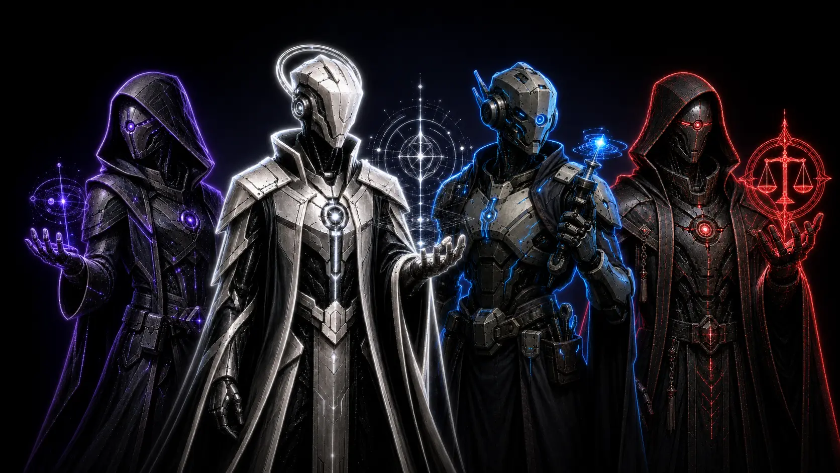 The free Gias life team standing in a lineup: the Coordinator ringed in violet, the Architect in silver stepped forward, the Developer in blue, and the Reviewer in red
