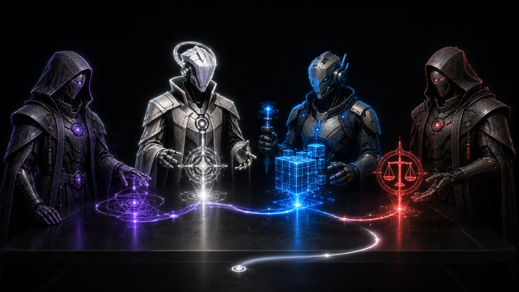 The four agents that ship free, working a shared table with light flowing between them: the Coordinator in violet, the Architect in silver, the Developer in blue, and the Reviewer in red
