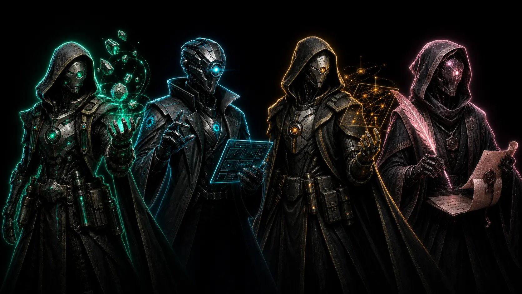 The Gias HQ business specialists in a lineup: the Repurposer ringed in emerald, the Producer in cyan, the Content Strategist in gold, and the Newsletter Writer in rose